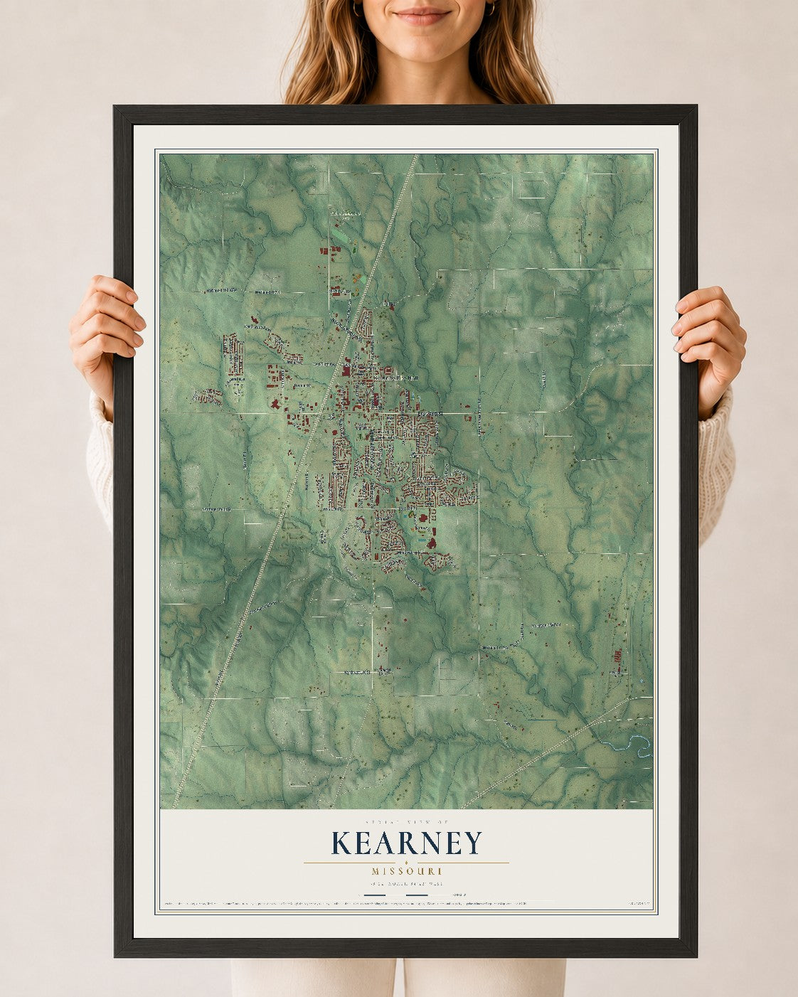 Map of Kearney, Missouri, 24 x 36 inch print in a black wood frame