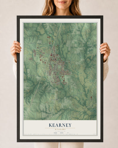 Map of Kearney, Missouri, 24 x 36 inch print in a black wood frame