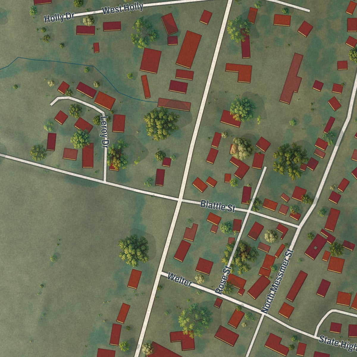 Close-up of the map of Kelso, Missouri print showing street and building detail