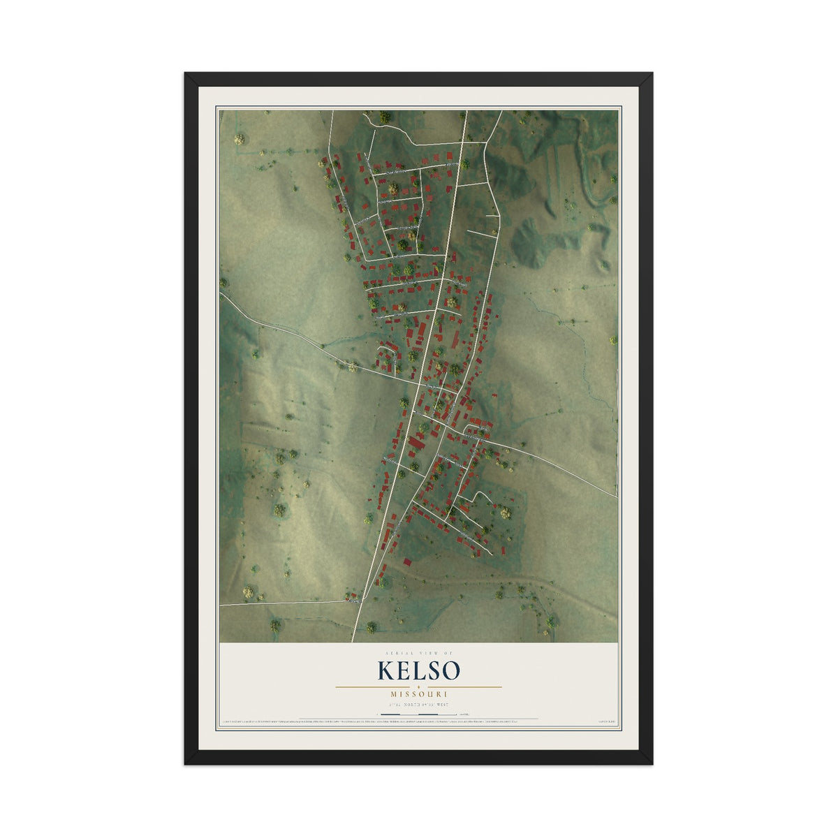 Map of Kelso, Missouri, 12 x 18 inch print in a black wood frame