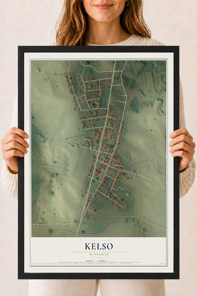 Map of Kelso, Missouri, 18 x 24 inch print in a black wood frame