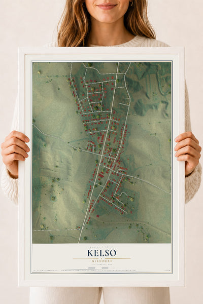 Map of Kelso, Missouri, 18 x 24 inch print in a white wood frame