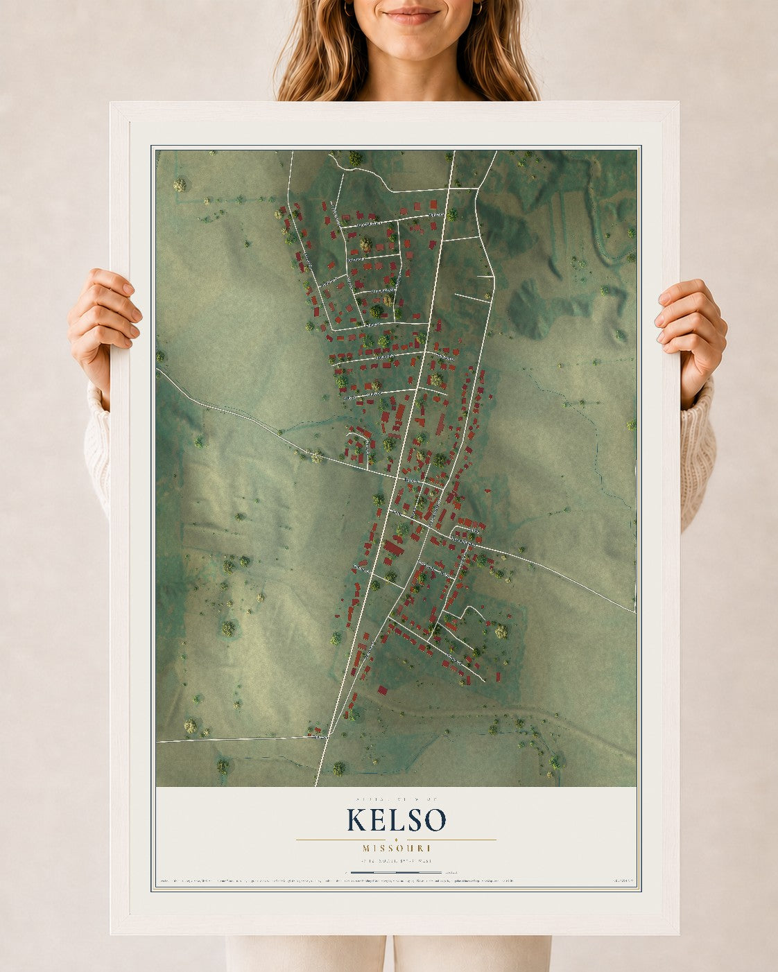 Map of Kelso, Missouri, 24 x 36 inch print in a white wood frame