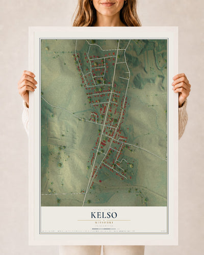 Map of Kelso, Missouri, 24 x 36 inch print in a white wood frame