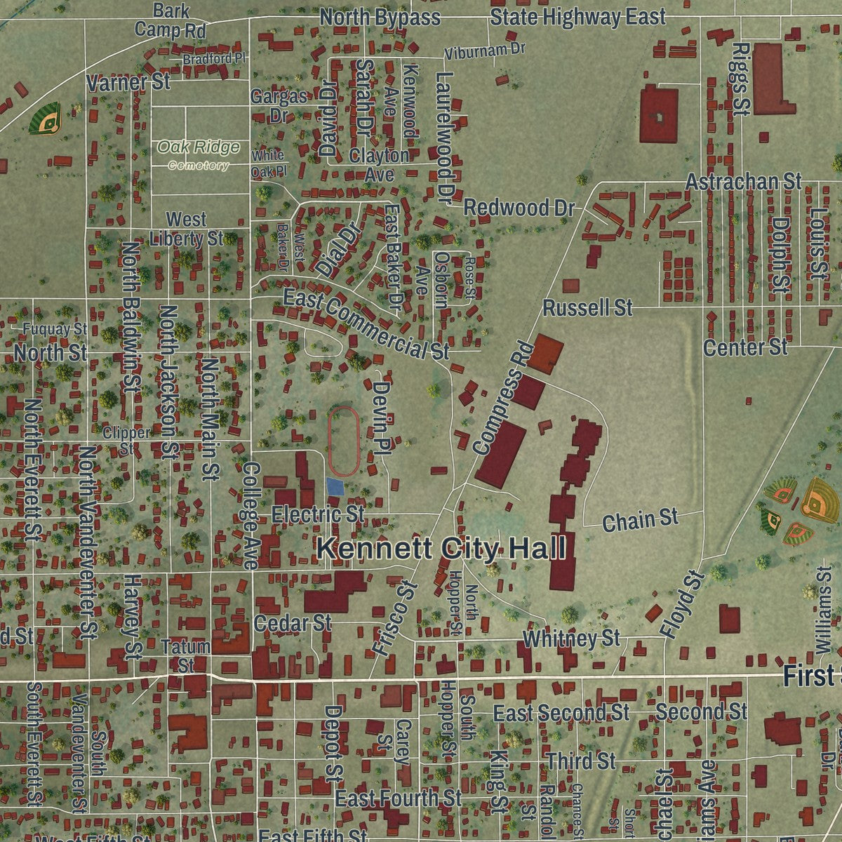 Close-up of the map of Kennett, Missouri print showing street and building detail
