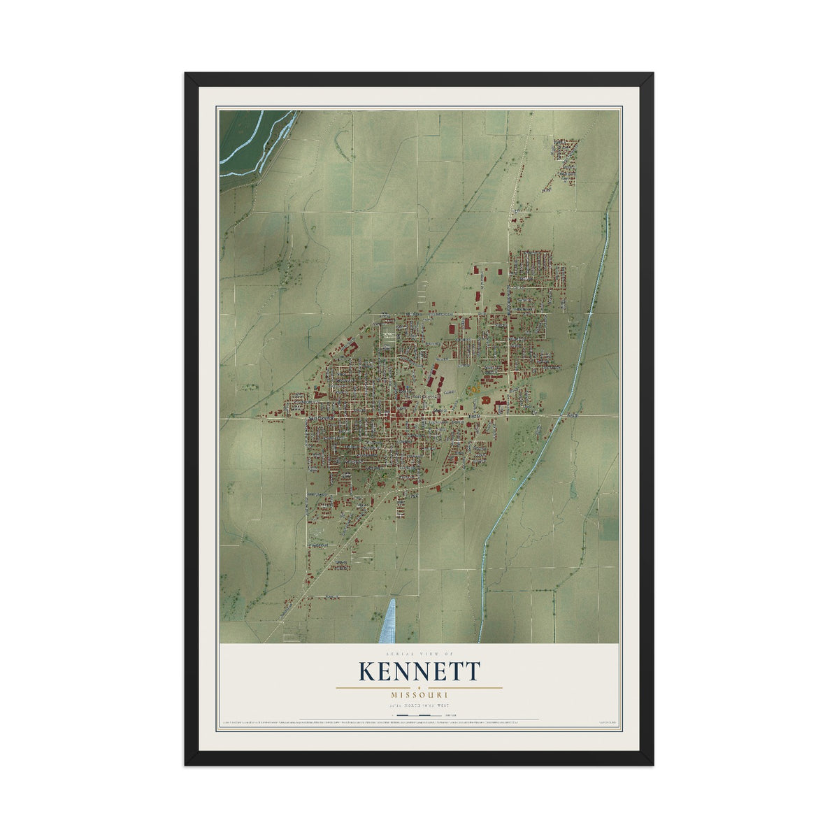 Map of Kennett, Missouri, 12 x 18 inch print in a black wood frame
