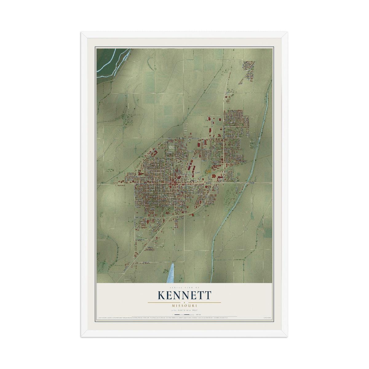 Map of Kennett, Missouri, 12 x 18 inch print in a white wood frame
