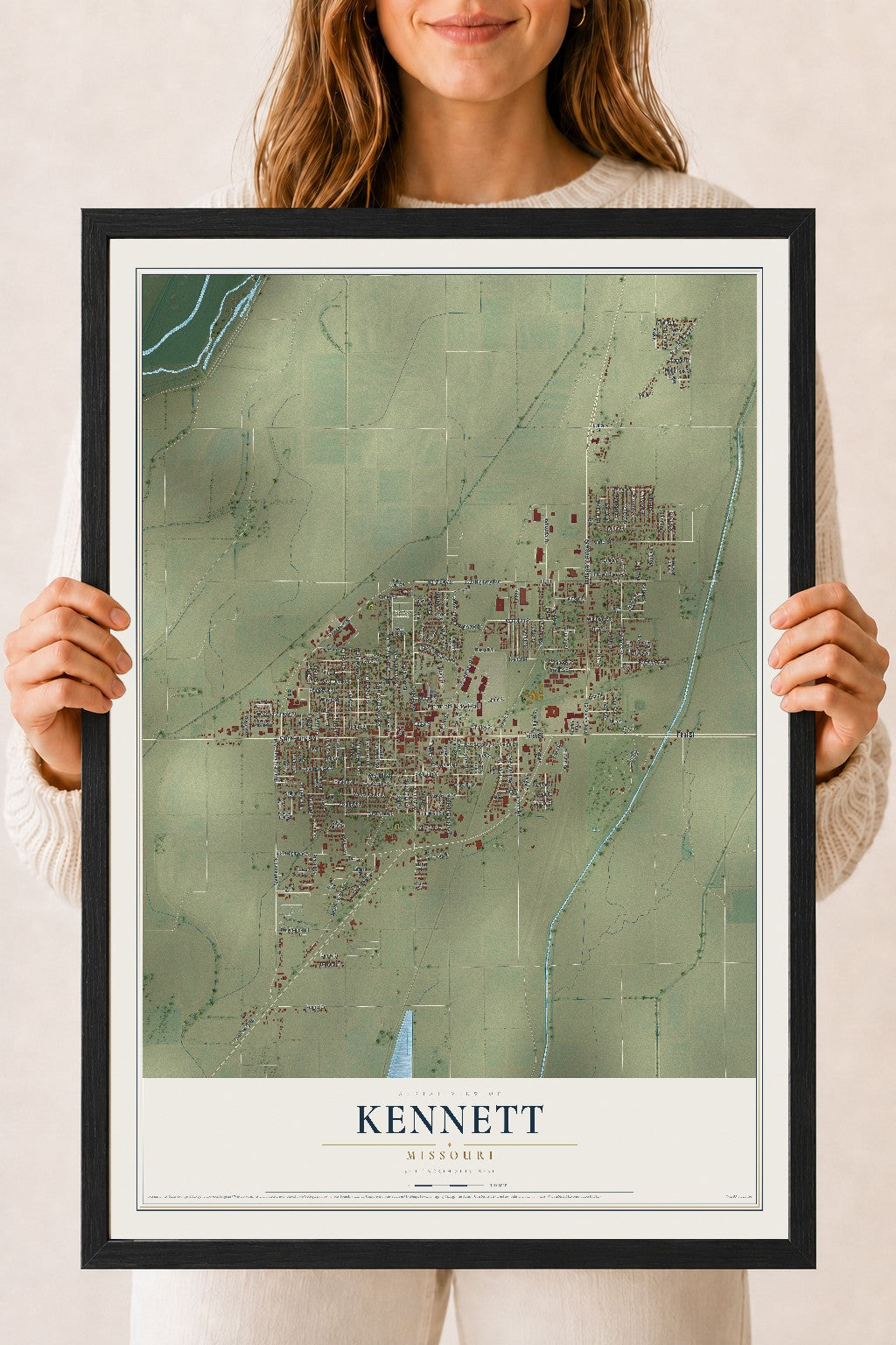 Map of Kennett, Missouri, 18 x 24 inch print in a black wood frame