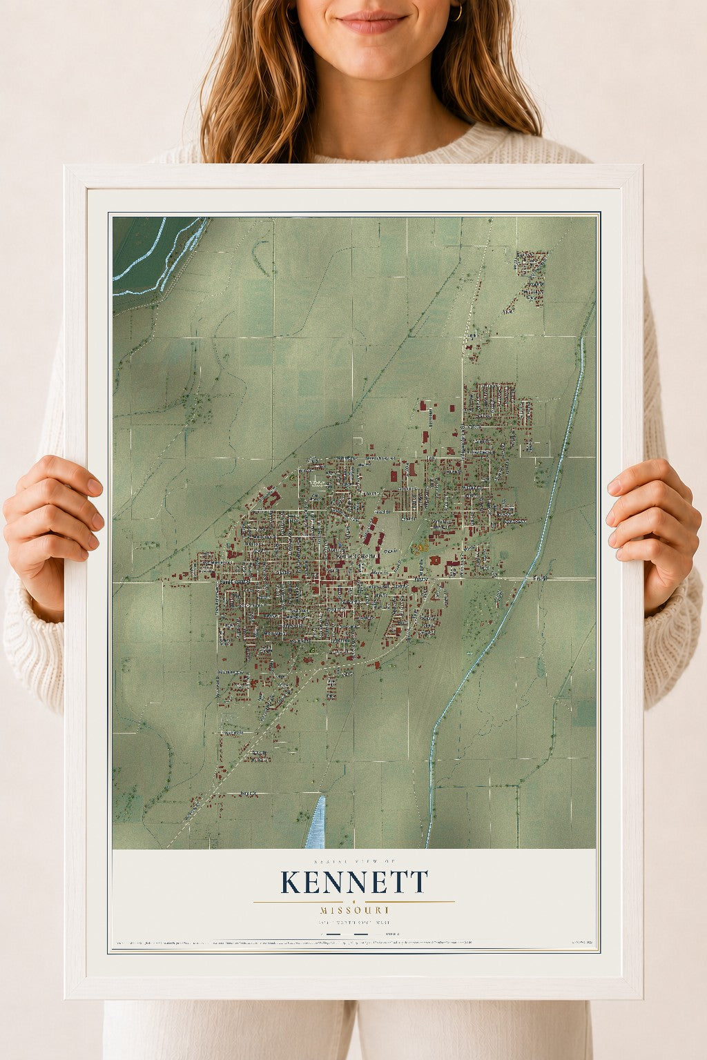 Map of Kennett, Missouri, 18 x 24 inch print in a white wood frame