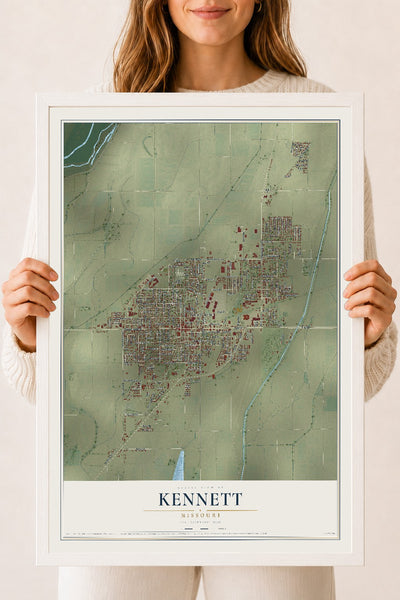 Map of Kennett, Missouri, 18 x 24 inch print in a white wood frame