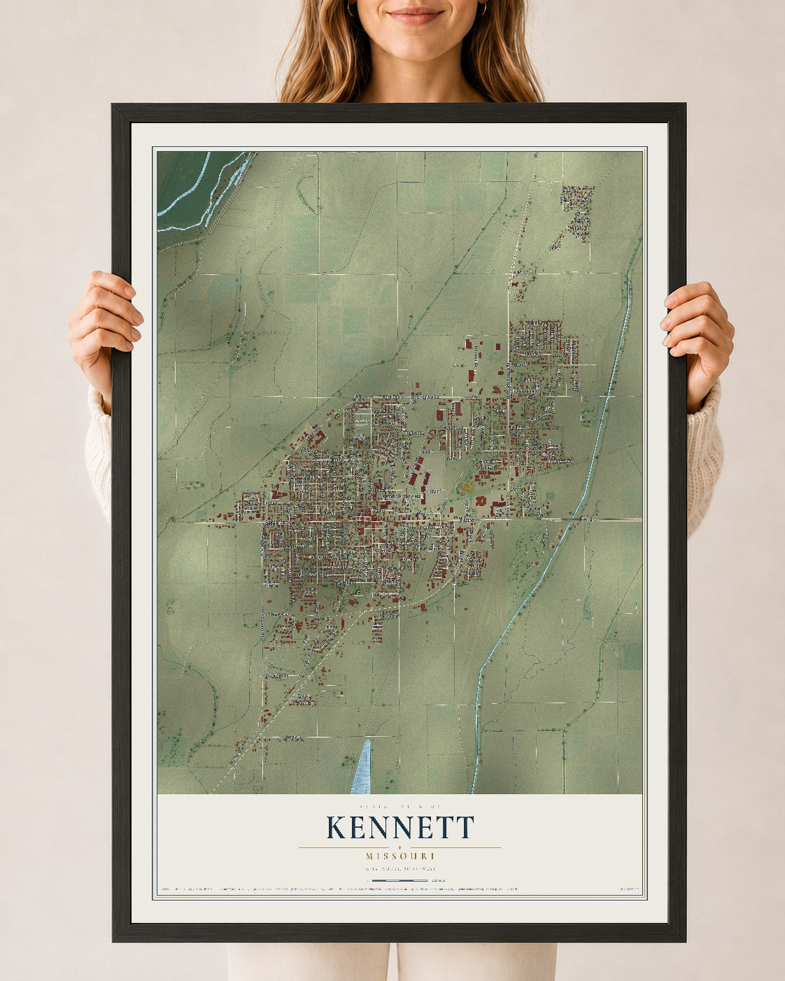 Map of Kennett, Missouri, 24 x 36 inch print in a black wood frame