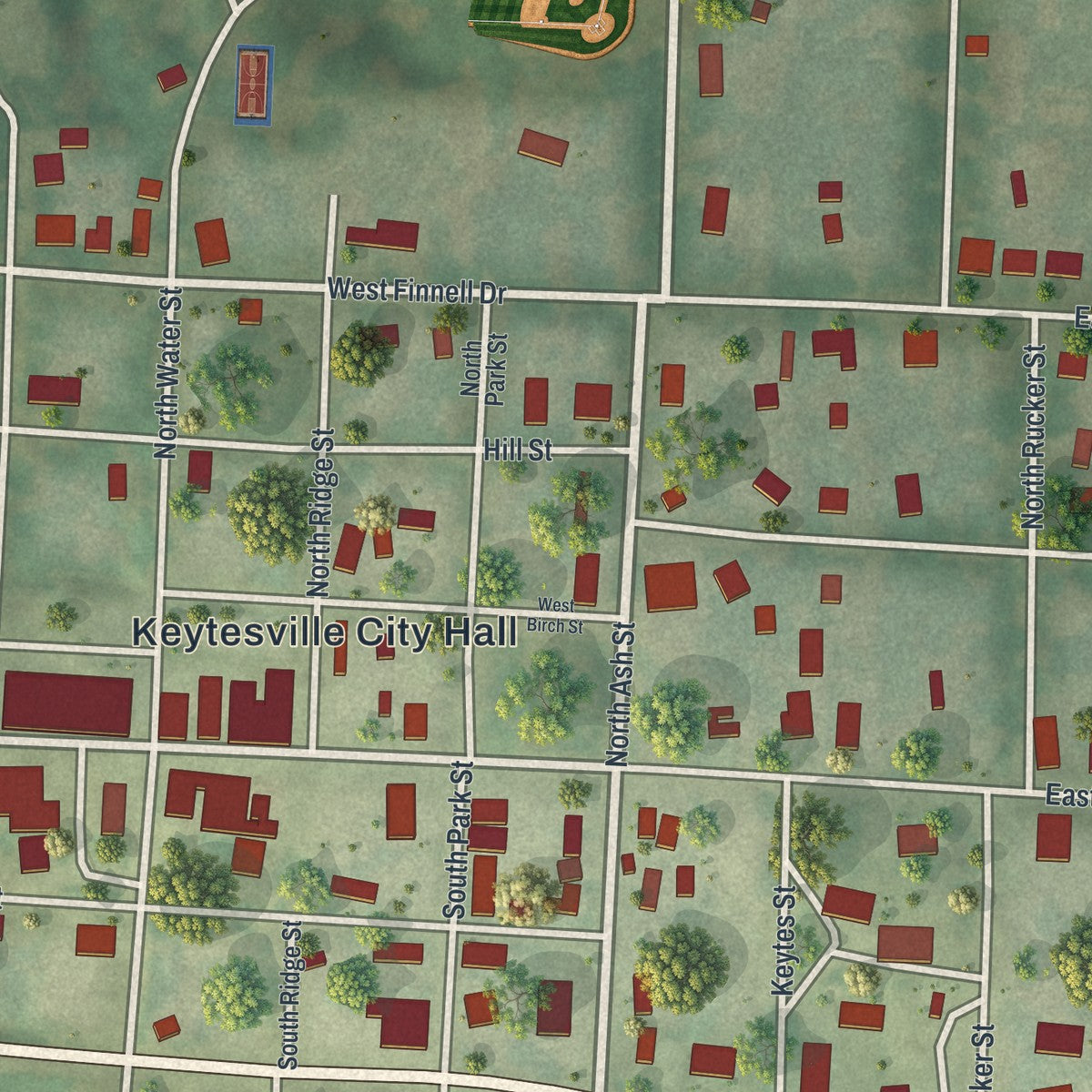 Close-up of the map of Keytesville, Missouri print showing street and building detail