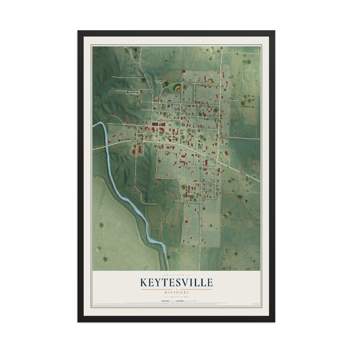 Map of Keytesville, Missouri, 12 x 18 inch print in a black wood frame