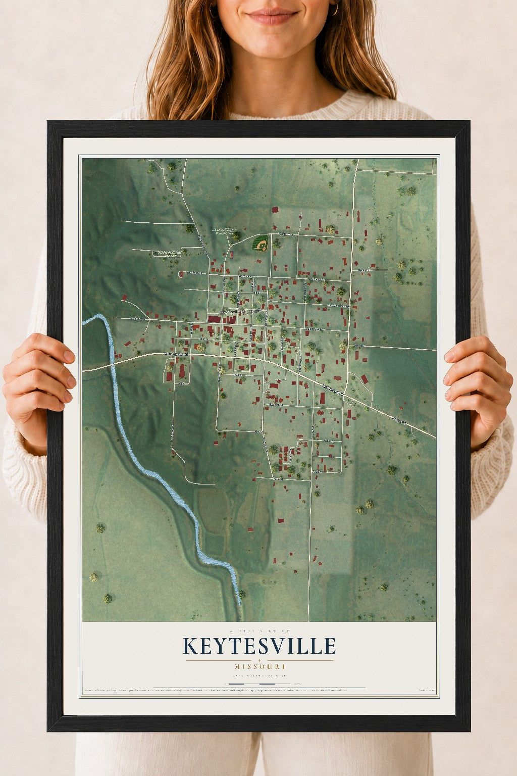 Map of Keytesville, Missouri, 18 x 24 inch print in a black wood frame