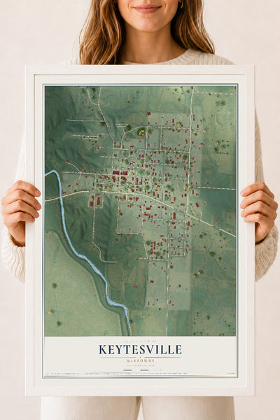 Map of Keytesville, Missouri, 18 x 24 inch print in a white wood frame