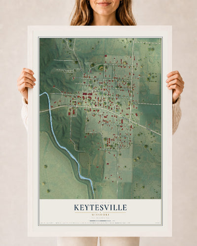 Map of Keytesville, Missouri, 24 x 36 inch print in a white wood frame