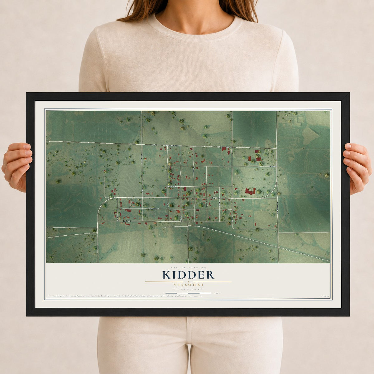 Map of Kidder, Missouri, 12 x 18 inch print in a black wood frame