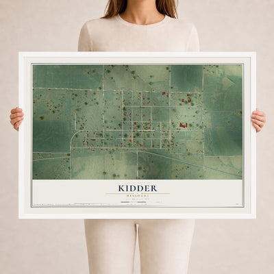 Map of Kidder, Missouri, 24 x 36 inch print in a white wood frame