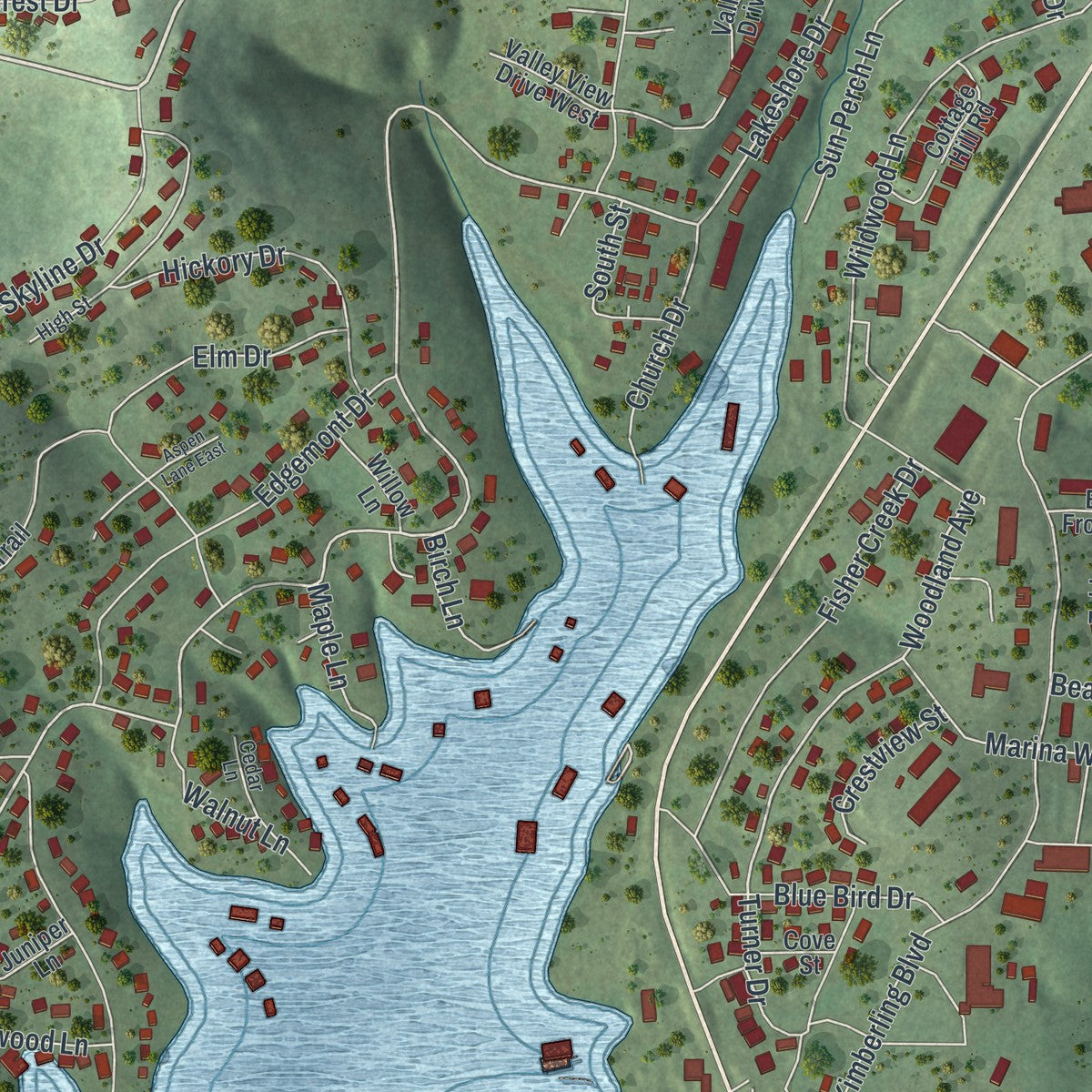 Close-up of the map of Kimberling City, Missouri print showing street and building detail