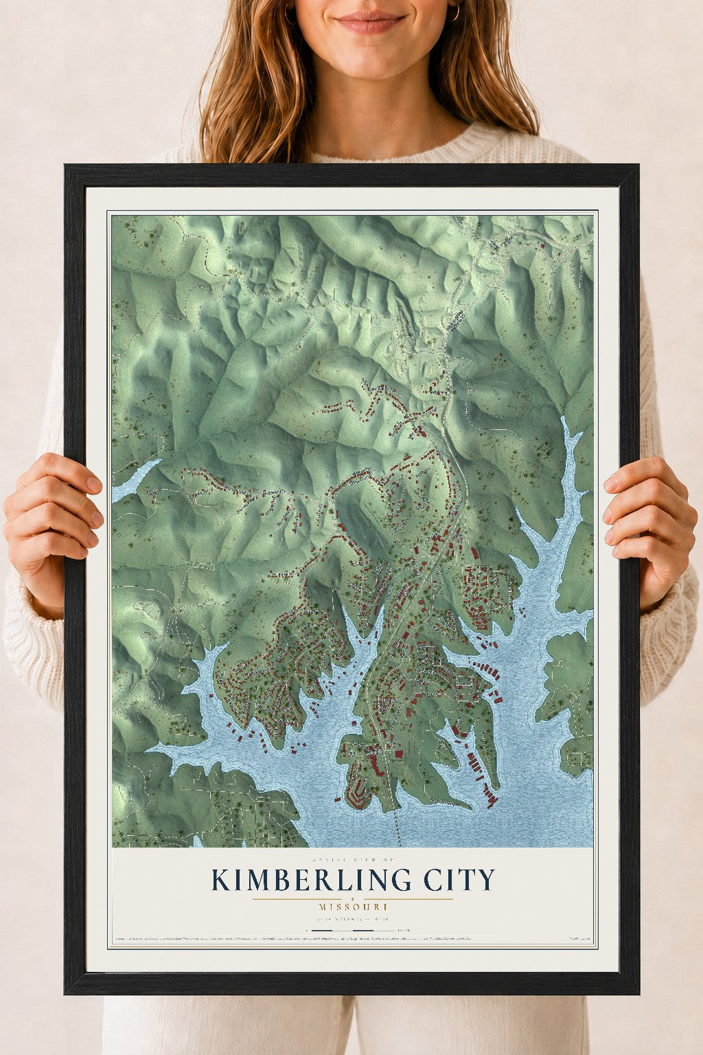 Map of Kimberling City, Missouri, 18 x 24 inch print in a black wood frame