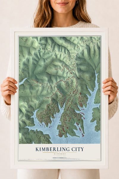 Map of Kimberling City, Missouri, 18 x 24 inch print in a white wood frame