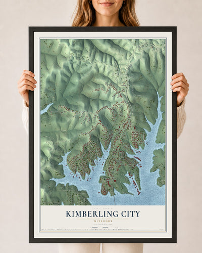 Map of Kimberling City, Missouri, 24 x 36 inch print in a black wood frame