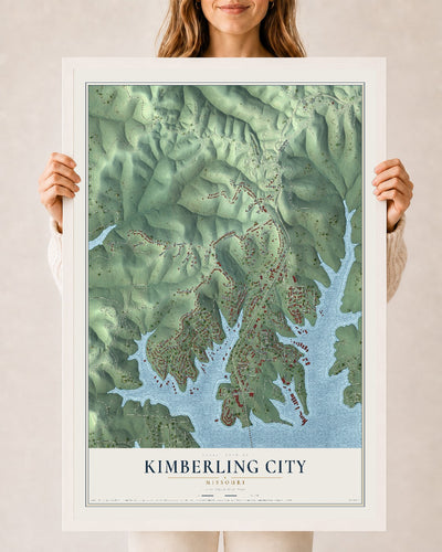 Map of Kimberling City, Missouri, 24 x 36 inch print in a white wood frame
