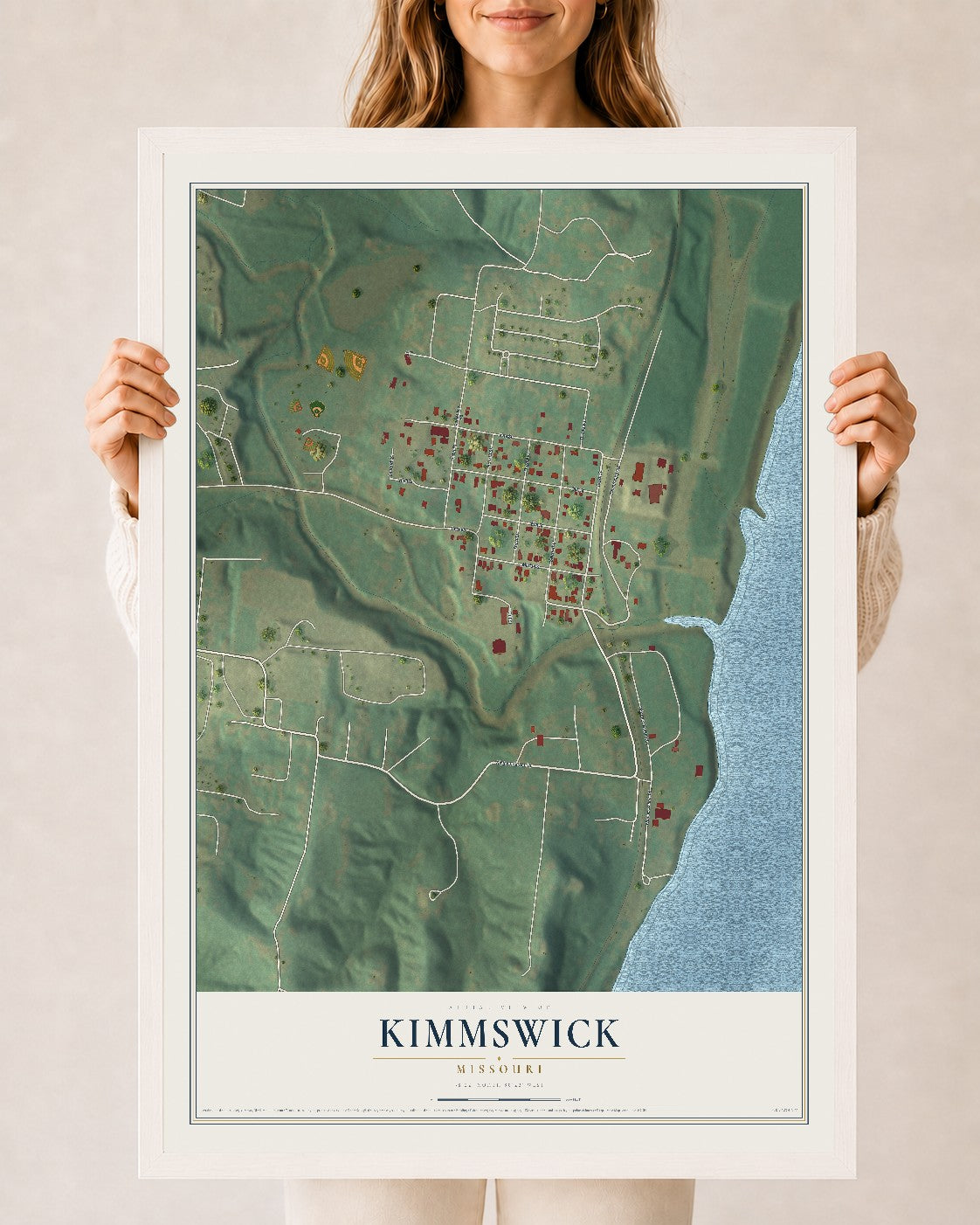 Map of Kimmswick, Missouri, 24 x 36 inch print in a white wood frame