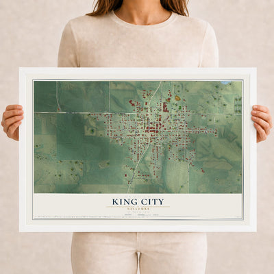 Map of King City, Missouri, 12 x 18 inch print in a white wood frame