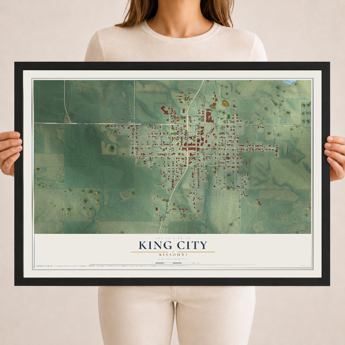 Map of King City, Missouri, 18 x 24 inch print in a black wood frame