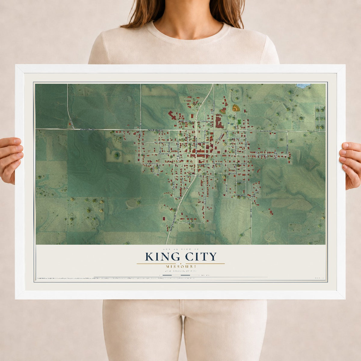 Map of King City, Missouri, 18 x 24 inch print in a white wood frame