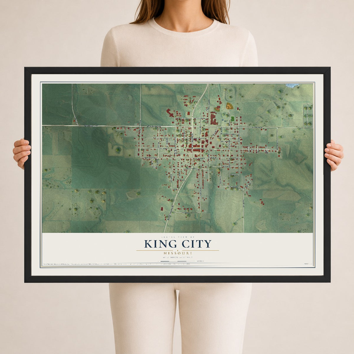 Map of King City, Missouri, 24 x 36 inch print in a black wood frame