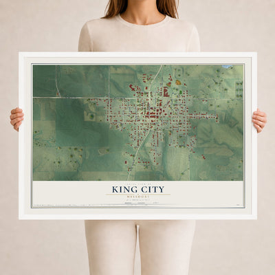Map of King City, Missouri, 24 x 36 inch print in a white wood frame