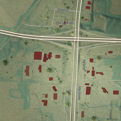 Close-up of the map of Kingdom City, Missouri print showing street and building detail