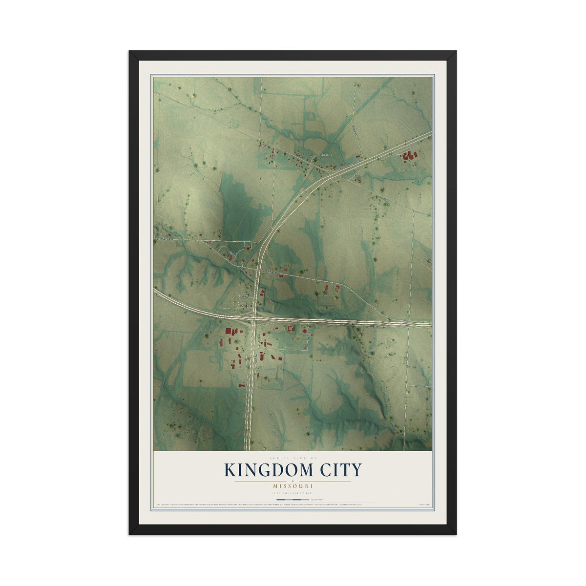 Map of Kingdom City, Missouri, 12 x 18 inch print in a black wood frame