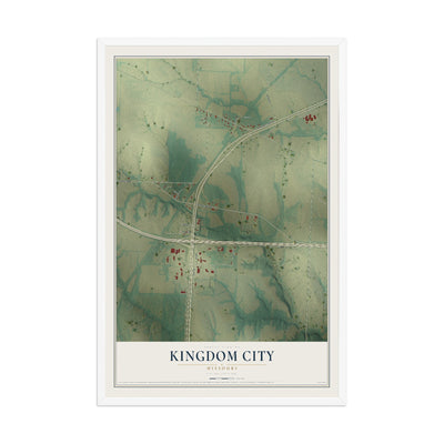 Map of Kingdom City, Missouri, 12 x 18 inch print in a white wood frame