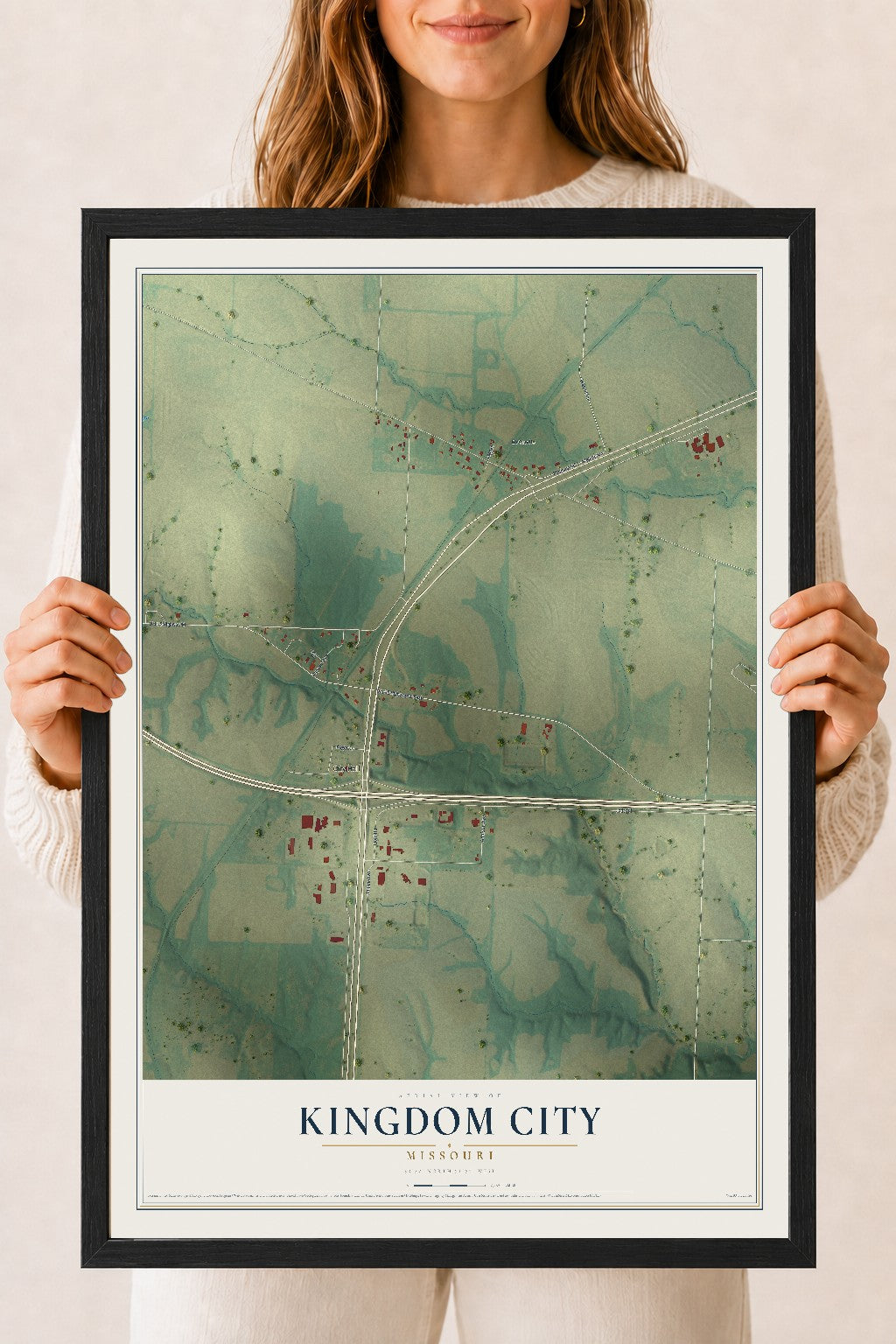 Map of Kingdom City, Missouri, 18 x 24 inch print in a black wood frame