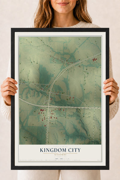 Map of Kingdom City, Missouri, 18 x 24 inch print in a black wood frame