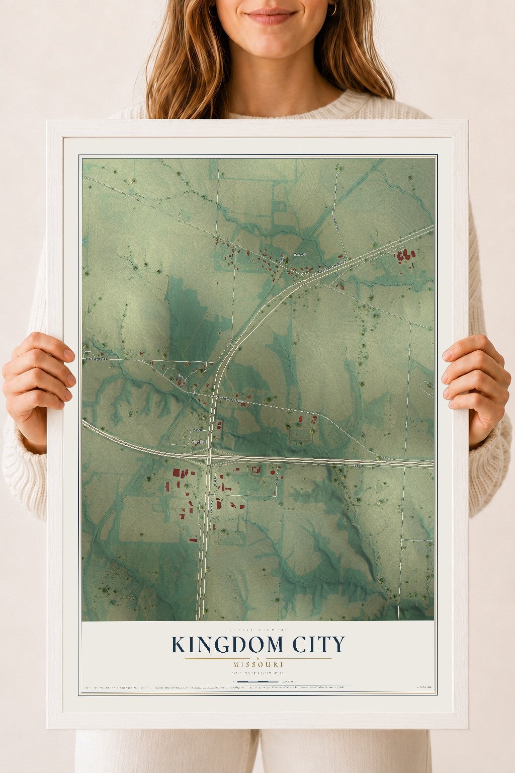 Map of Kingdom City, Missouri, 18 x 24 inch print in a white wood frame