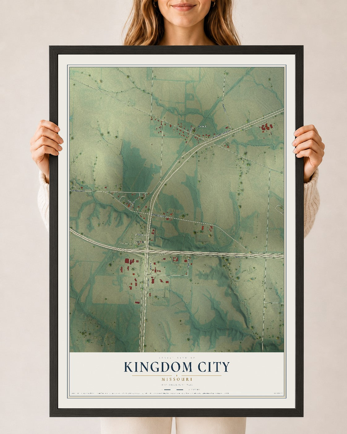 Map of Kingdom City, Missouri, 24 x 36 inch print in a black wood frame