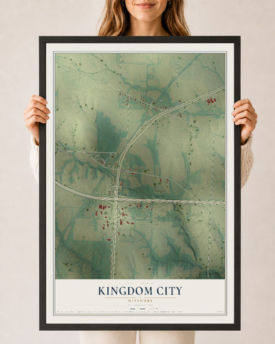 Map of Kingdom City, Missouri, 24 x 36 inch print in a black wood frame