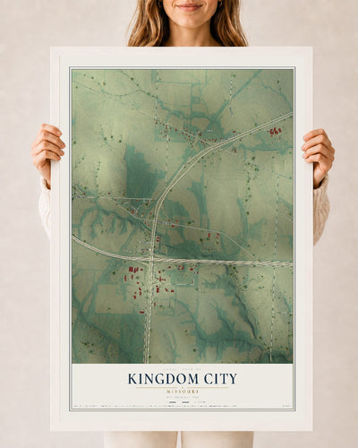 Map of Kingdom City, Missouri, 24 x 36 inch print in a white wood frame