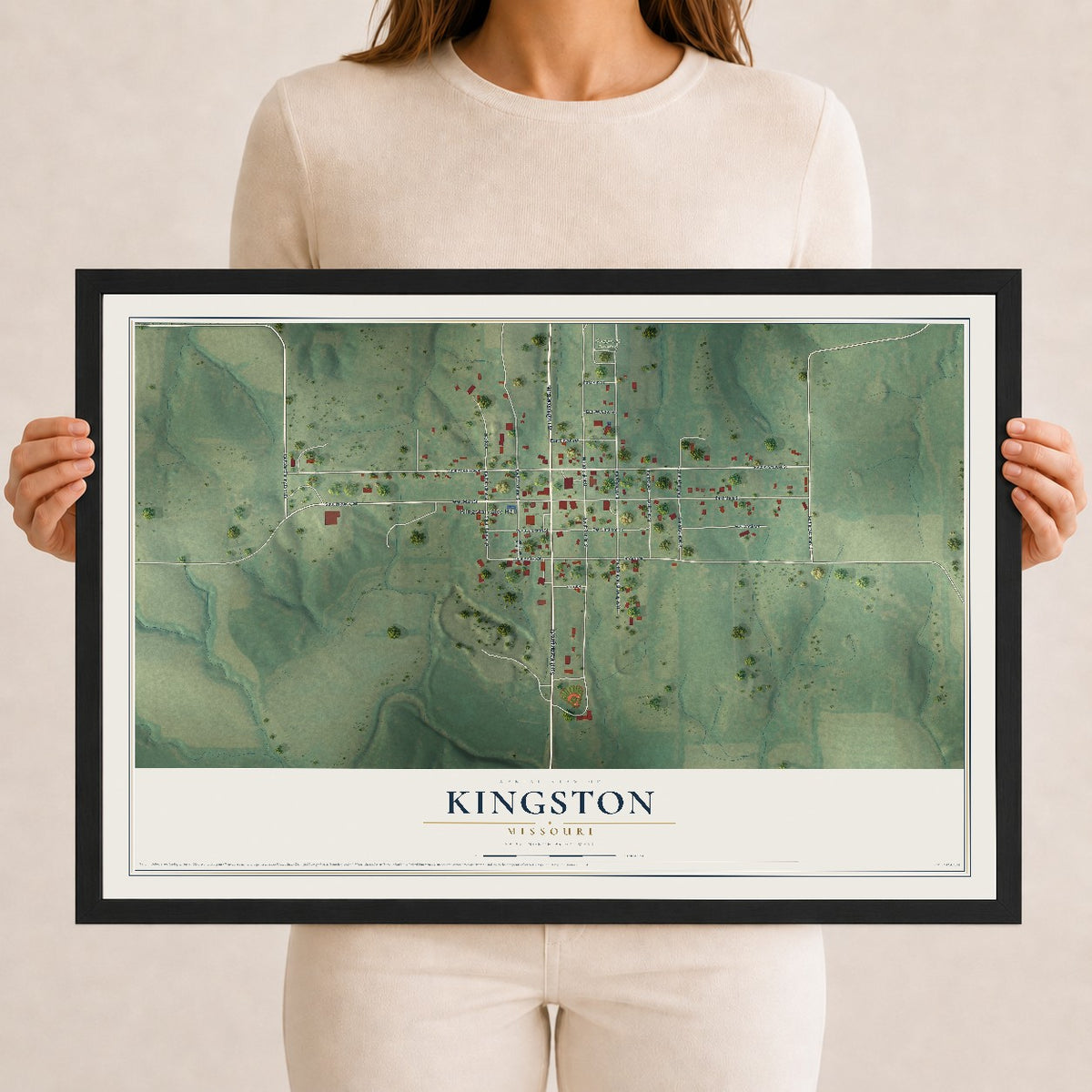 Map of Kingston, Missouri, 12 x 18 inch print in a black wood frame