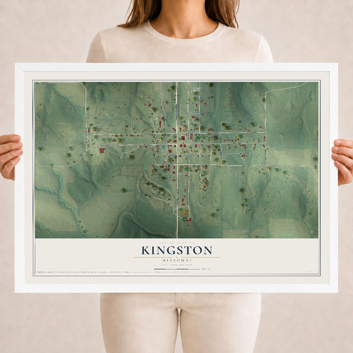 Map of Kingston, Missouri, 18 x 24 inch print in a white wood frame