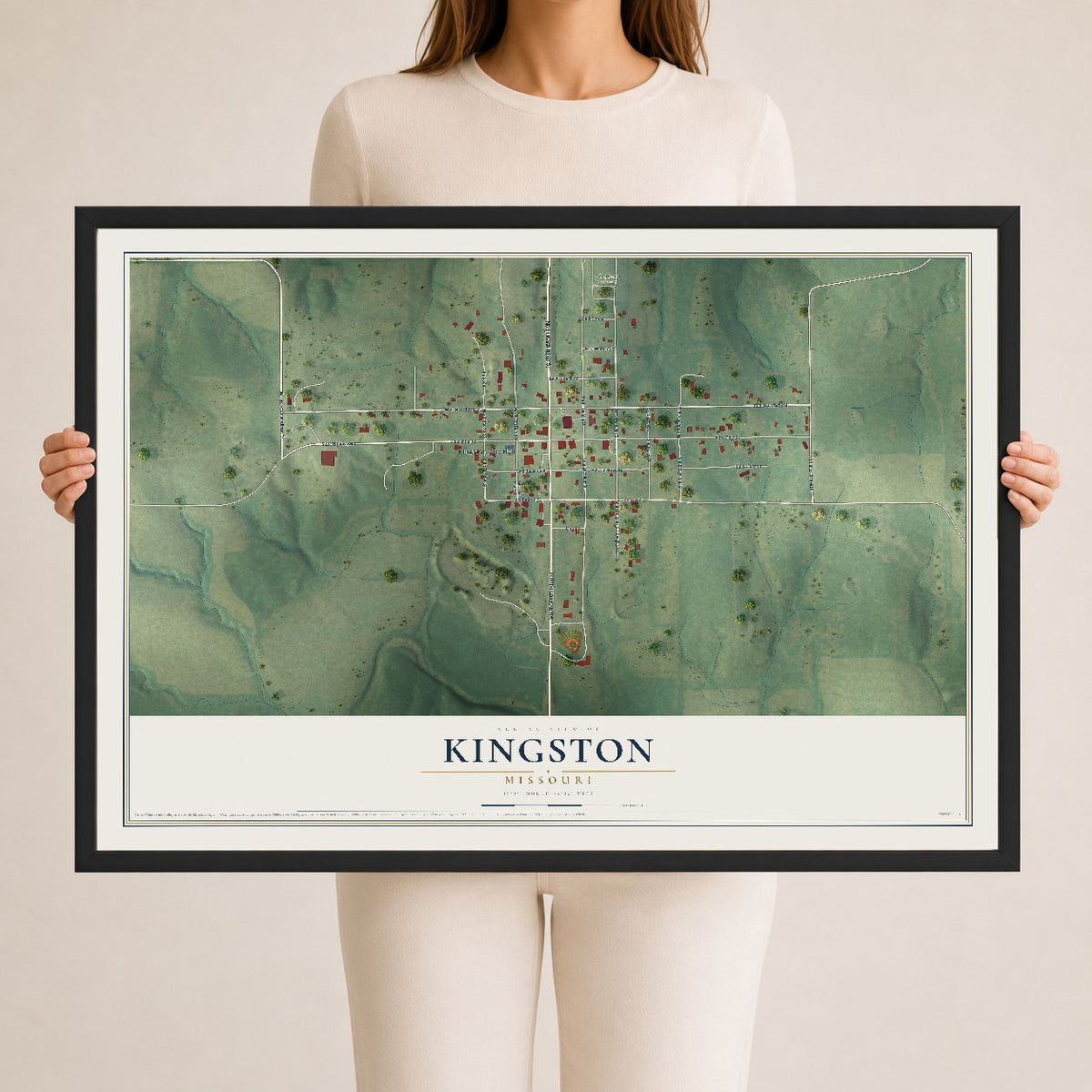 Map of Kingston, Missouri, 24 x 36 inch print in a black wood frame