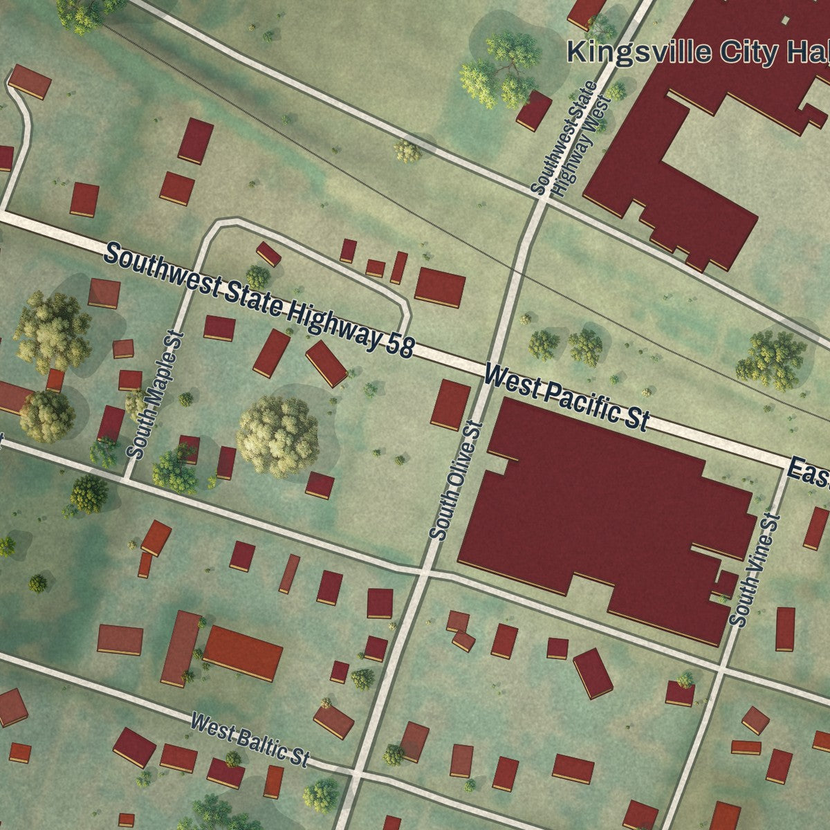 Close-up of the map of Kingsville, Missouri print showing street and building detail