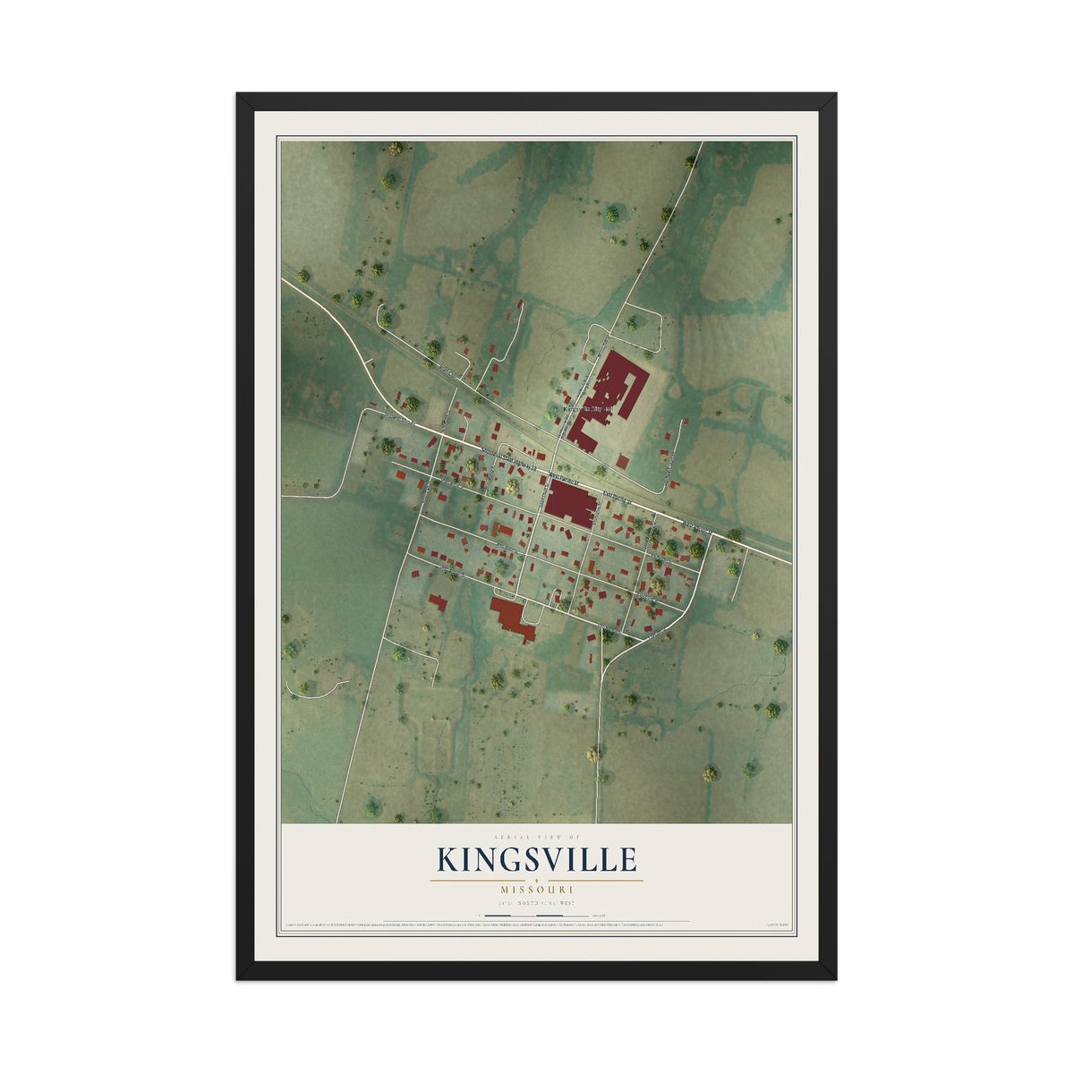Map of Kingsville, Missouri, 12 x 18 inch print in a black wood frame