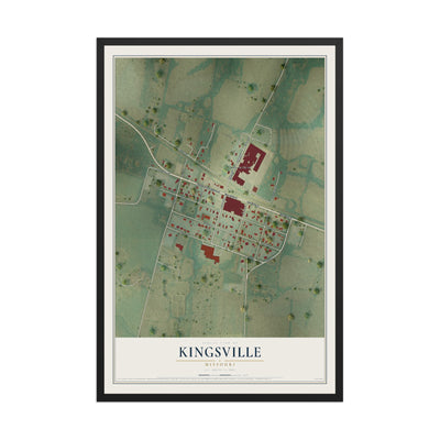 Map of Kingsville, Missouri, 12 x 18 inch print in a black wood frame