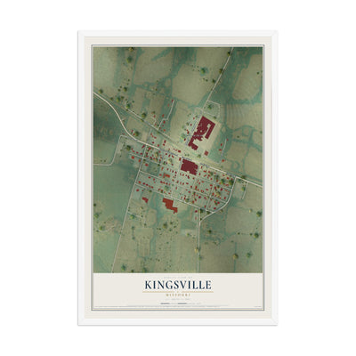 Map of Kingsville, Missouri, 12 x 18 inch print in a white wood frame