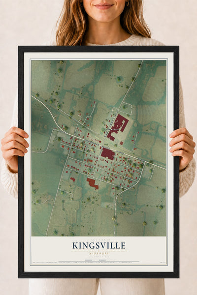 Map of Kingsville, Missouri, 18 x 24 inch print in a black wood frame